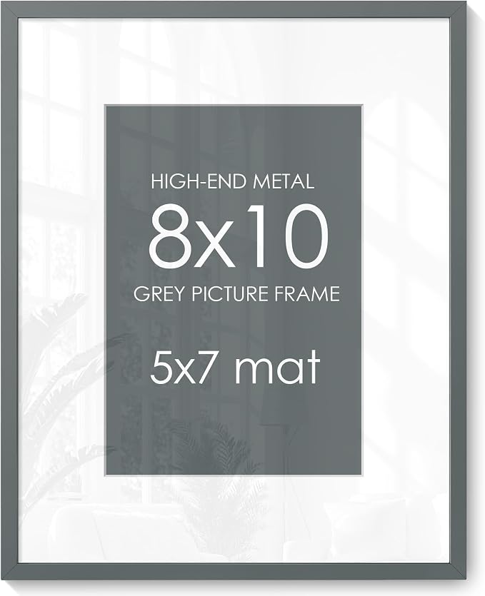 8x10 Picture Frame for 5x7 Photo, Minimalist Aluminum Frame, Gunmetal Gray | Sleek Metal Wall Frame for Gallery, Desk, or Gift Giving | Shatterproof Glass & Wall Kit