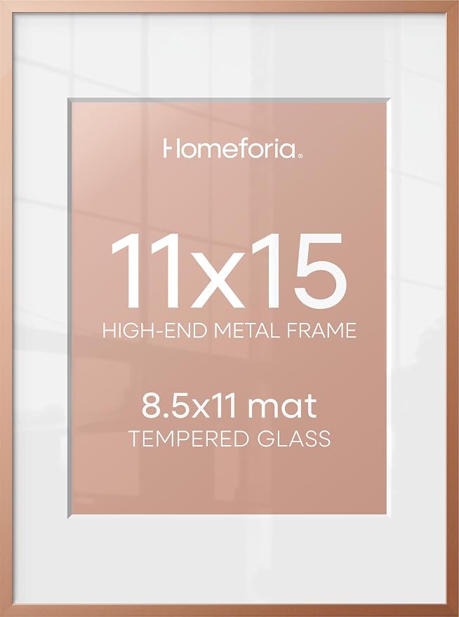 Homeforia 11x15 Picture Frame Rose Gold, High End Metal 11x15 Wall Hanging Frame with Mat 8.5x11, 11 x 15 Poster Frames Matted to 8.5 x 11 inch Photo, 11by15 Frames, Tempered Glass, Wall Kit, Set of 1
