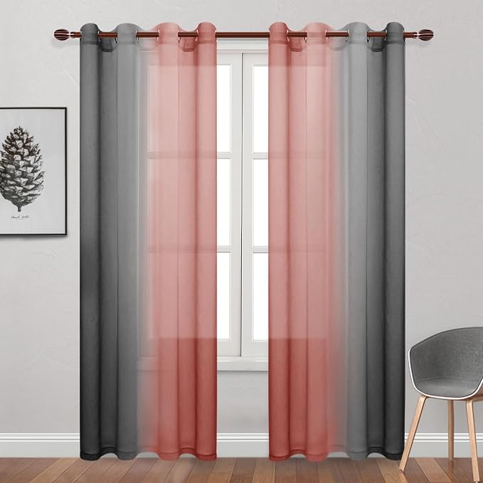 DWCN Ombre Sheer Curtains - Faux Linen Semi Voile Grommet Top Gradient Curtains for Bedroom and Living Room, Set of 2 Window Curtain Panels, 52 x 84 Inch Length（Black and Red