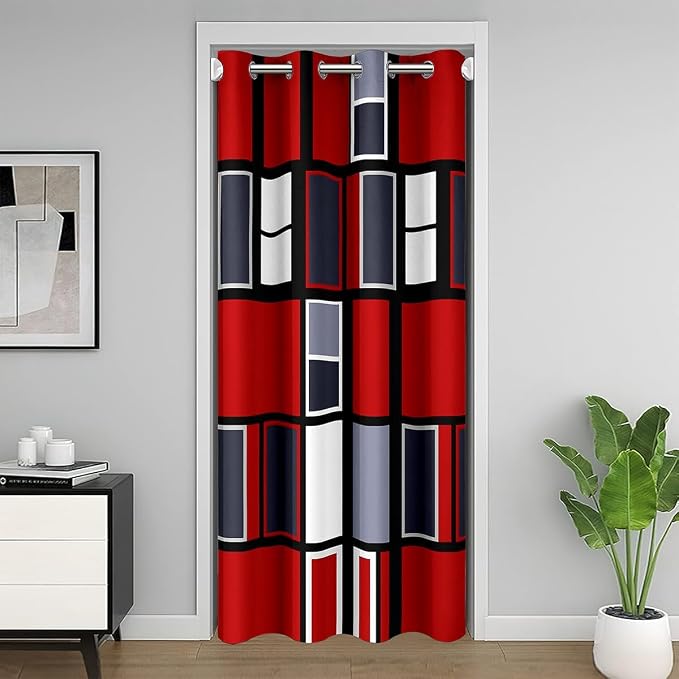 Feelyou Red Grey Geometric Door Curtain for Doorway Privacy 1 Panel, 52"x84" Red Grey Plaid Pattern Closet Door Cover Curtain for Bedroom Living Room Black Stripe Room Blackout Curtain Simple Fashion