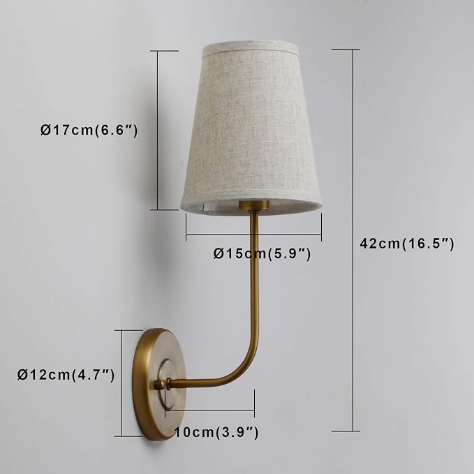 PERMO Classic Wall Sconce with Flared Funnel Linen Fabric Shade Nightstand Rustic wall Mount Lamps for Bedroom Bedside Reading Room (Antique)