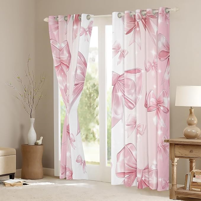 Erosebridal Bowknot Kids Curtain 52" Wx63 L,Pink Kawaii Bow Window Curtain for Girls Princess Room Decor,Cute Bow Print Window Treatments Girly Bow 30%-50% Blackout Curtains for Bedroom