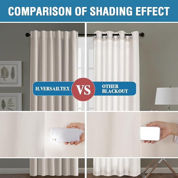 H.VERSAILTEX 100% Blackout Curtains for Bedroom with Black Liner Full Room Darkening Curtain 84 Inch Long Thermal Insulated Back Tab/Rod Pocket Window Treatment Drapes for Living Room, 2 Panels, Fog