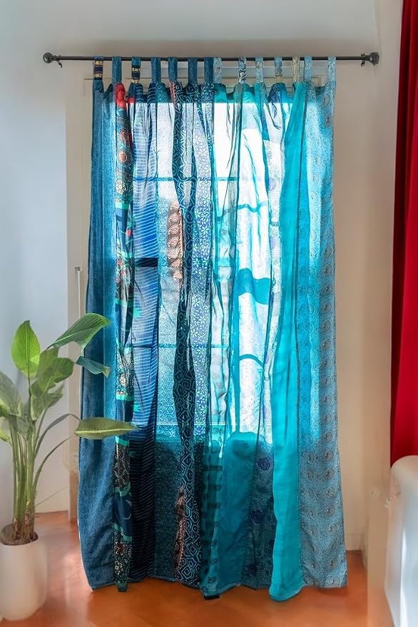 Rajbhoomi Assorted Sari Colorful Curtains Light-Filtering – Boho Curtains, Bed Canopy Panel, Tapestry or Window Treatment Turquoises Color (84 X 43 Inches)