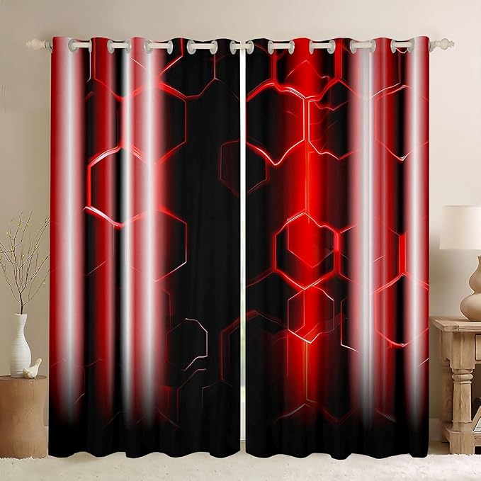 jejeloiu Honeycomb Curtains (2 Panels, 42 x 90 Inch) ModernHexagon Theme Red Curtains RoomStrip Lines Darkening Dreapes Modern Gradient Black Red Window Treatments Blackout