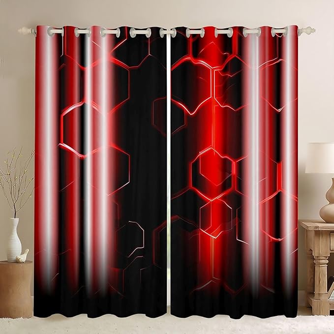 jejeloiu Honeycomb Curtains (2 Panels, 42 x 63 Inch) ModernHexagon Theme Red Curtains RoomStrip Lines Darkening Dreapes Modern Gradient Black Red Window Treatments Blackout