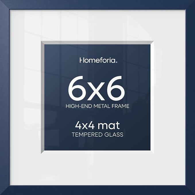 Homeforia 6x6 Frame Navy Blue, High End Metal 6 x 6 Square Picture Frames with Mat 4 by 4 Art, 6x6 Photo Frame Matted to 4x4 inch Print, 6by6 Wall or Tabletop Frames, Tempered Glass, Wall Kit, Set of 2