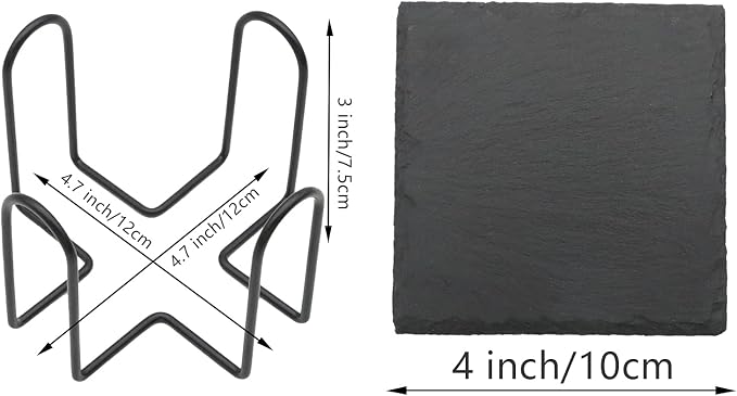 12 Pack Slate Drink Coasters with Metal Holder, VIBRATITE 4 Inch Black Slate Stone Coasters Bulk Laser Engraving Blanks with Anti-Scratch Bottom for Drink Coffee Bar Kitchen Home Decor, Square