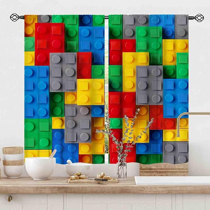Building Blocks Blackout Curtains, Kids Boys Abstract Colorful Geometric Brick Constructor Curtains Bedroom Playroom Living Room Abstract Window Treatments Drapery 2 Panel, 52"x84" Inch