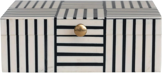 Modern Resin Box with Striped Block Pattern and Gold Clasp, Black and White