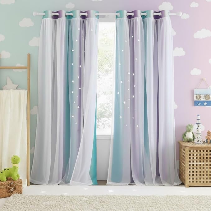 NICETOWN Blackout Curtains 90 Inches Long - White Sheer Overlay Thermal Insulated Curtains for Living Room, Ombre Rainbow Curtains for Bedroom (W52 x L90 inch, Teal & Purple, 1 Pair)