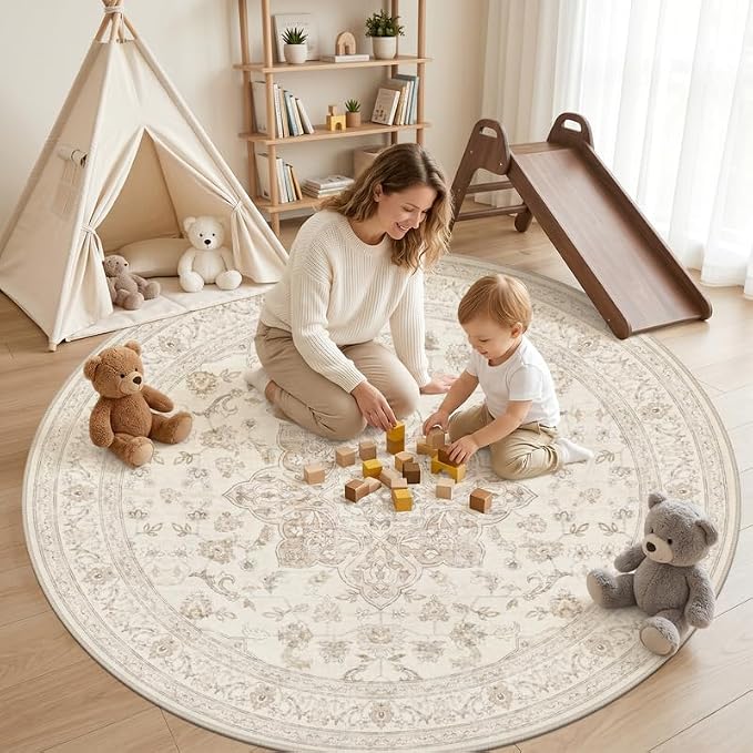 Round Area Rug for Living Room: 6ft Vintage Boho Neutral Washable Circle Rug Soft Large Circular Carpet for Bedroom Nursery Farmhouse Dining Room Office Floor Non-Slip Low Pile Under Table Beige White