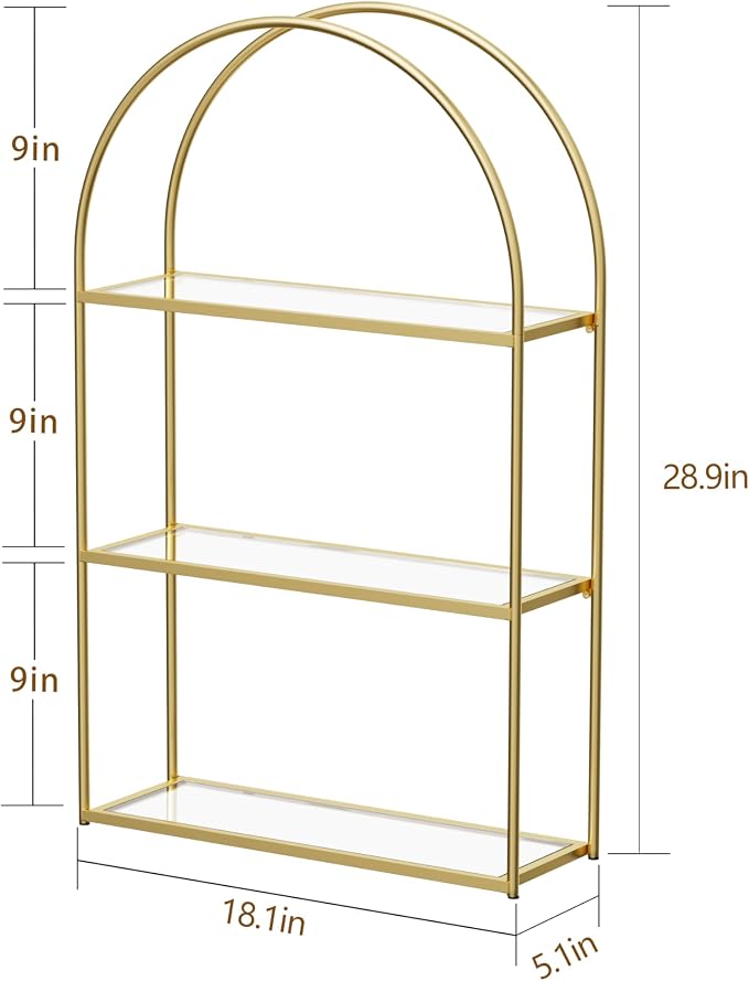 Crofy 3-Tier Arched Wall Shelf with Gold Frame & Transparent Shelves | Sturdy Tempered Clear Glass Shelves with Ample Storage Space; Decor for Living Room, Bath, Kitchen, Vanity & Home Office