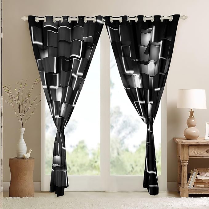 Feelyou Grey and Black Darkening Drapes (2 Panels, 38 x 54 Inch) Light Geometric Curtains for Bedroom Living Room Girls Decor Blackout Curtains Modern Style Window Treatments