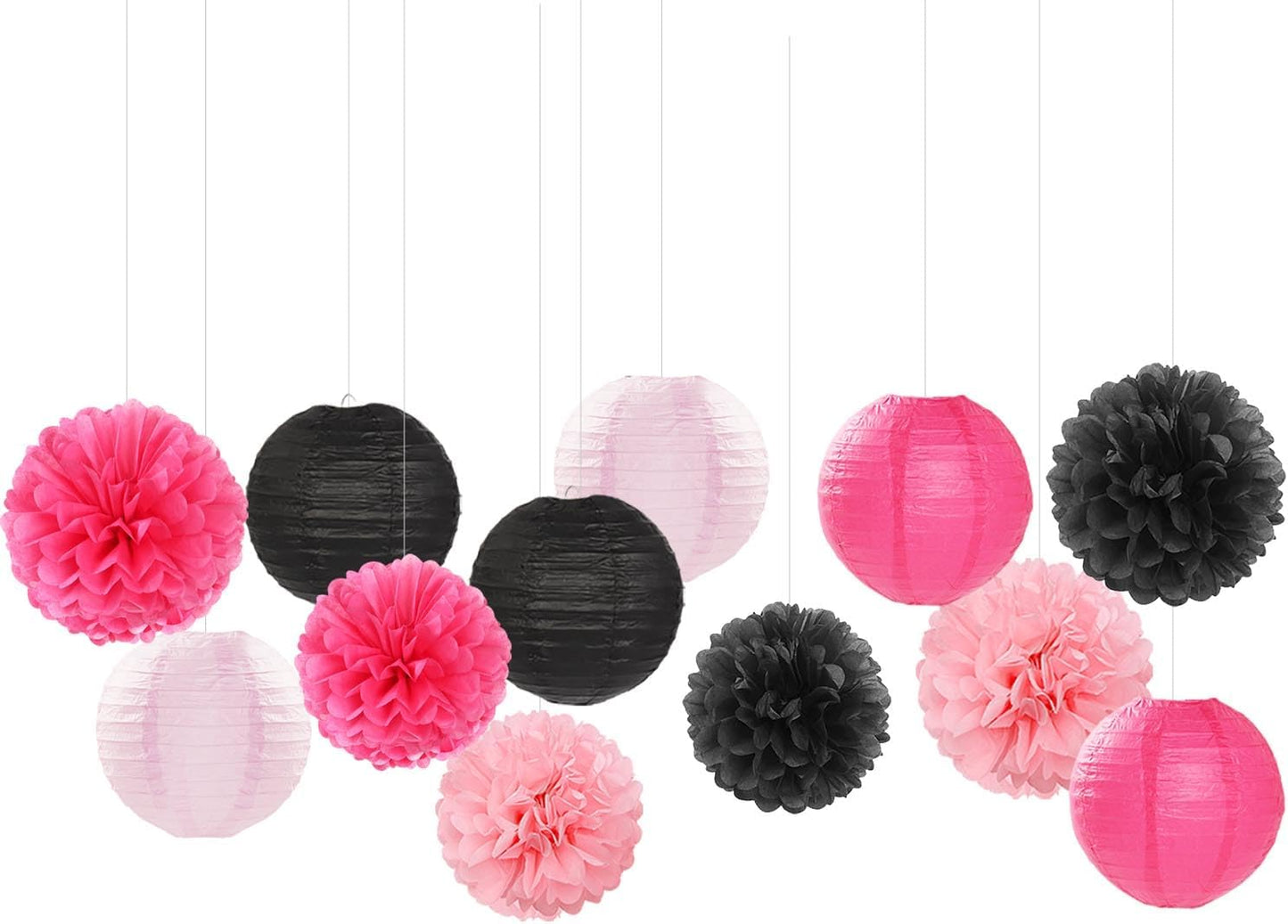 Hot-Pink Black Party-Decorations Paper Flowers Lanterns - 15PCS Graduation Birthday Tissue Pom Poms Streamers,Baby Girl Women Bachelorette Hanging Supplies Decor Hugfond