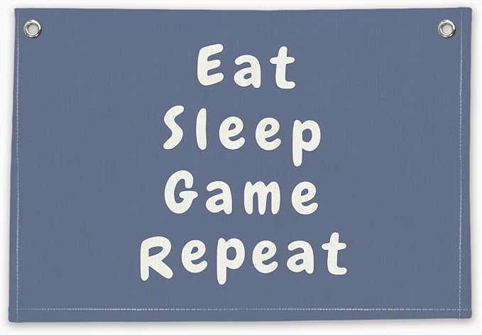 RTXLEZM Game Room Decor, Eat Sleep Game Repeat Canvas Banner | Preppy Navy Blue Gaming Wall Hanging for Kids Toddler Boys Nursery Room Bedroom Playroom Decor, 20x30 Inch