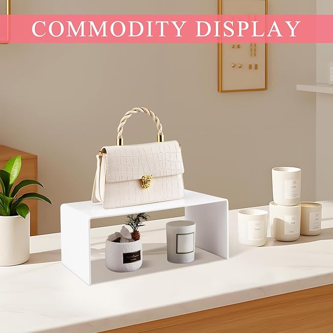 RattanView 2 Pcs 13 Inch Large Acrylic Risers Display Stands 5 mm Thick Acrylic Shelf Riser Showcase for Collectibles Jewelry Cupcakes Food Figures Perfume Cabinet (White)