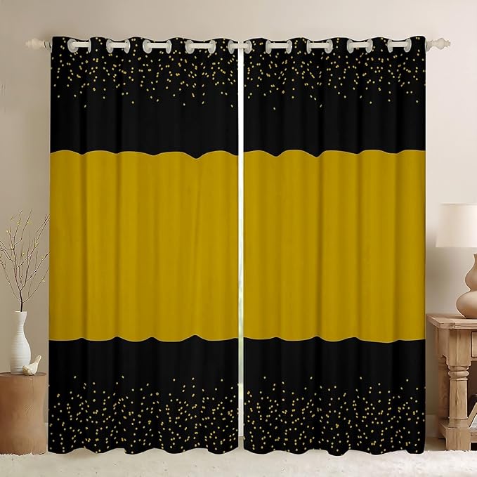jejeloiu Black Curtains for Bedroom Living Room Glitter Print Blackout Darkening Drapes Gold Pattern Window Treatments, 2 Panels 52 x 90 Inch Modern Room Decor Abstract