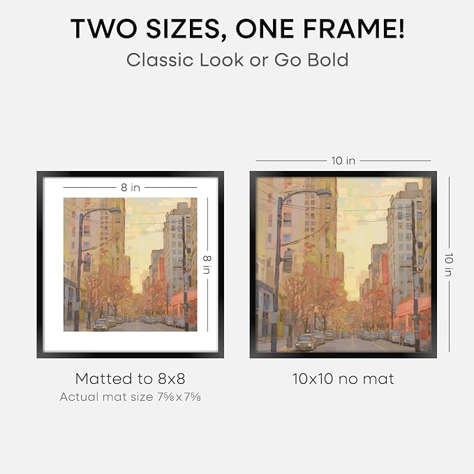Homeforia 10x10 Black Picture Frame, High End Metal 10 by 10 Square Frames with Mat 8 x 8 Opening, 10by10 Poster Frames Matted to 8x8 Photo, Wall or Tabletop Frames, Tempered Glass, Wall Kit, Set of 4