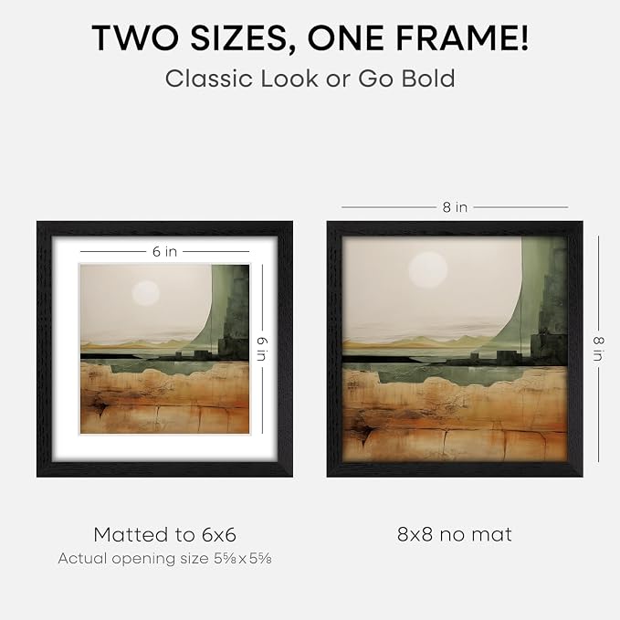 Homeforia 8x8 Picture Frame Black Wood, High-End Oak 8 x 8 Square Frames with Mat 6 by 6 inch Photo, 8x8 Wooden Frame Matted to 6x6 Art, 8by8 Wall or Tabletop Frame, Tempered Glass, Wall Kit, Set of 1