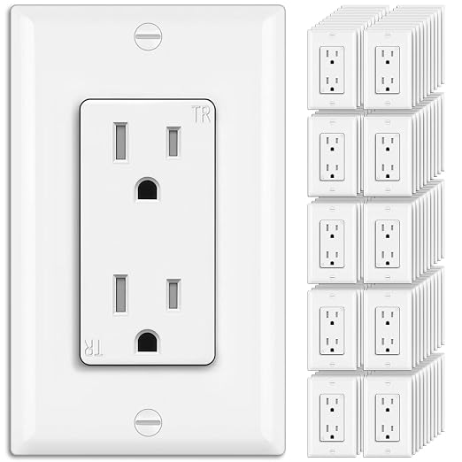 BESTTEN 100 Pack Decorator Receptacle Outlet, 15 Amp Standard Electrical Wall Outlet, Decor Tamper Resistant Receptacle with Wall Plate, 15A/125V/1875W, UL Listed, White