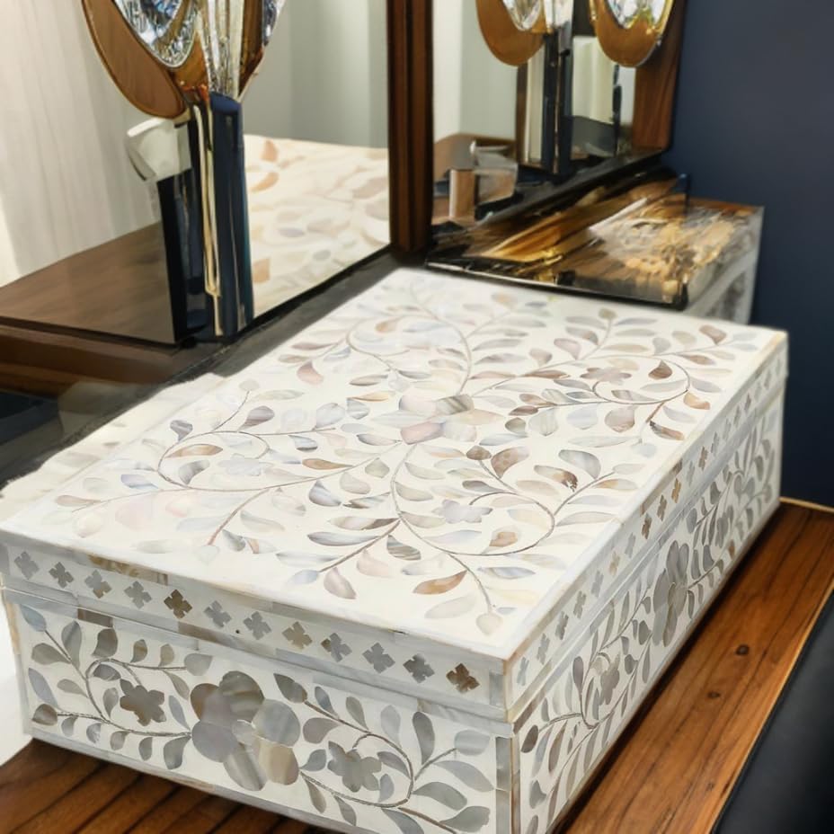 Decorative Storage Box Of Mother Of Pearl Inlay Floral Design Wooden Storage Box For Home Decoration For Living Dining & Bedroom (White_9x6x3.5 inch)