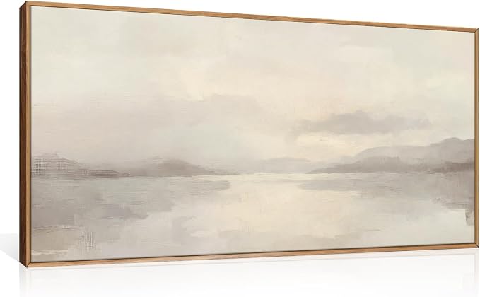 LHIUEM Large Abstract Neutral Beige Pastel Framed Canvas Wall Art,Modern Watercolor Lakes Wall Decor,Nature Mountain Minimalist Artwork for Living Room,Bedroom,Dining Room,Office -20"x40"x1