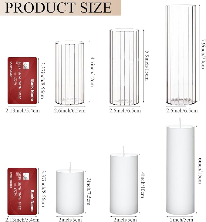 Set of 6 White Pillar Candles with Clear Glass Hurricane Holders- Elegant Cylinder Candle Vases for Weddings, Parties, Centerpieces, Home & Office Decor (White, 6 Set-Vase)