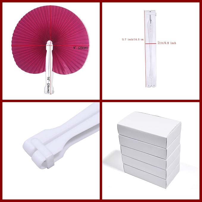 Bestage 20 Pieces Fuchsia/Hot Pink Round Paper Fans | Foldable Handheld Fans for Women,Folding Hand Fans for Wedding,Bridal Guest,Church,Party Favors,Dancing,Birthday,DIY