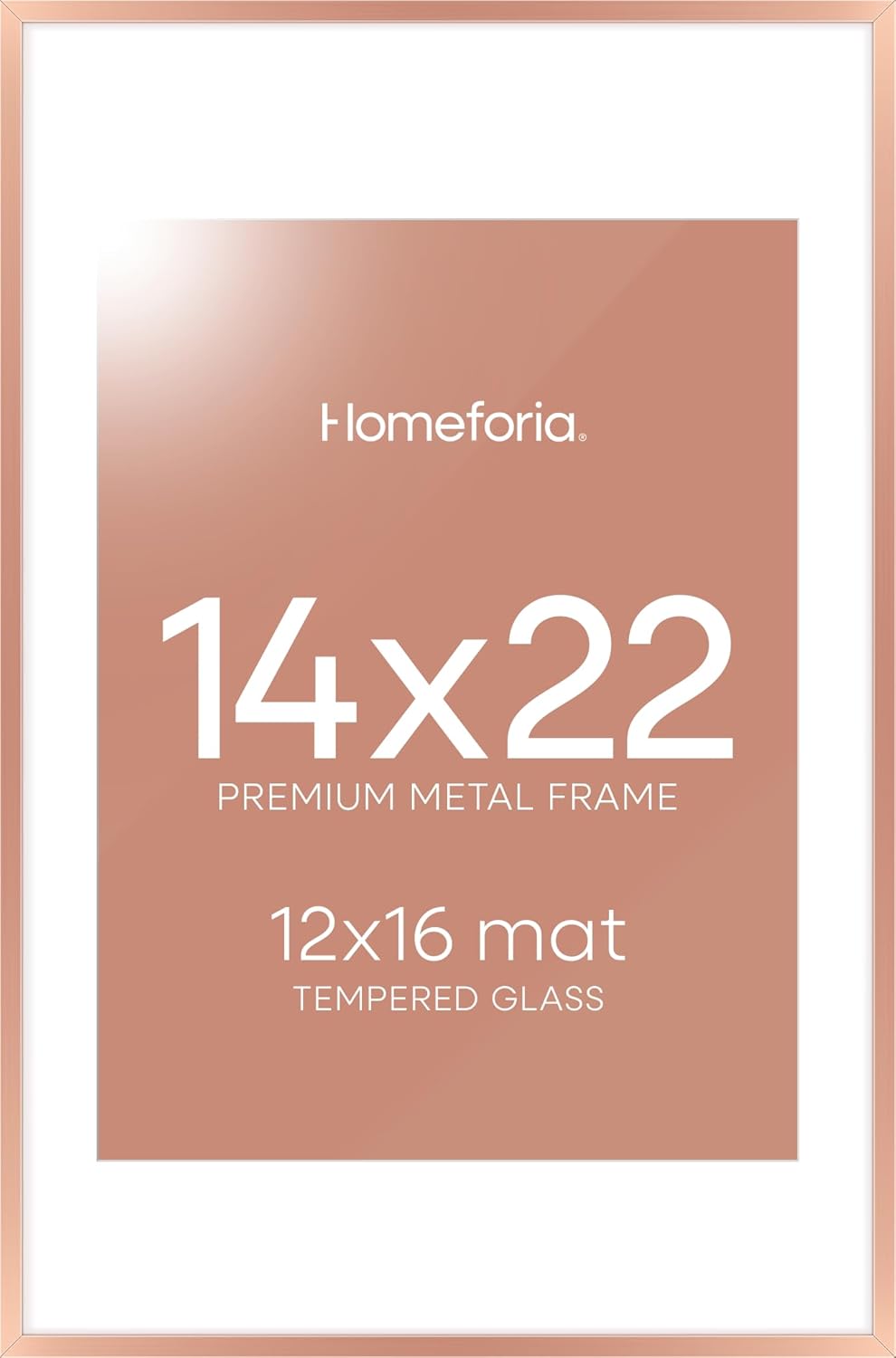 Homeforia 14x22 Picture Frame Rose Gold, High End Metal 14x22 Poster Frames with Mat 12x16 inch Photo, 14 x 22 Rose Gold Frame Matted to 12 by 16 Print, 22x14 Frame, Tempered Glass, Wall Kit, Set of 1
