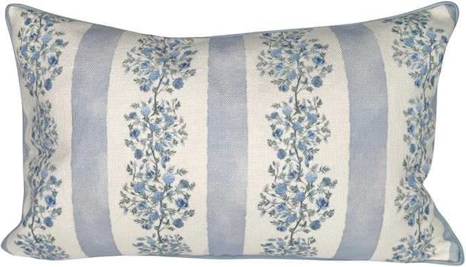 Jillien Harbor “The Juliet” Floral Block Print Pillow Cover – Soft Blue and Off-White Decorative Throw Pillow Cover – Grandmillennial Home Decor, 12"x20"