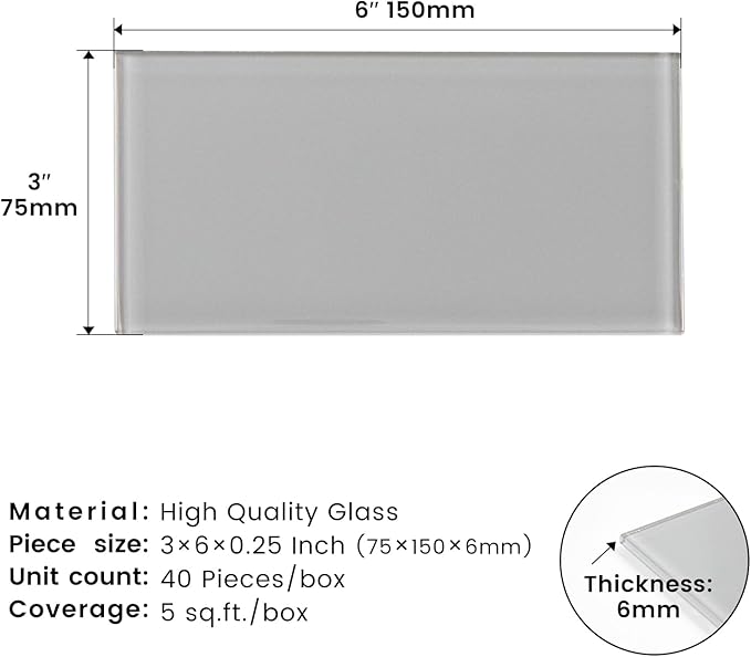 Glass Subway Tile 3 x 6 Inch Light Grey Glass Tile for Kitchen Backsplash Bathroom Wall Pack of 40 Sheets