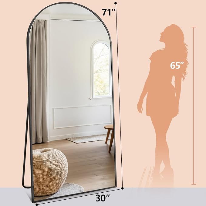 Prywot Arched Full Length Mirror, 71"x30" Free Standing Floor Mirror, Modern Full Body Mirrors with Stand, Wall Mirrors with Aluminum Alloy Frame for Bedroom,Living Room, Black