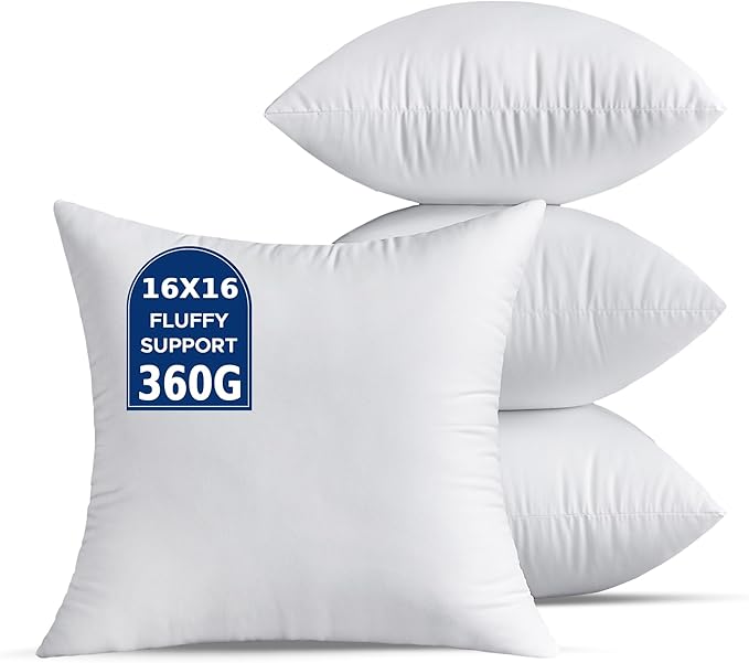 16 x 16 Throw Pillow Inserts Pack of 4 Small White Decorative Square Pillows for Living Room Couch Bed Sofa Cushion Sham Stuffer Indoor