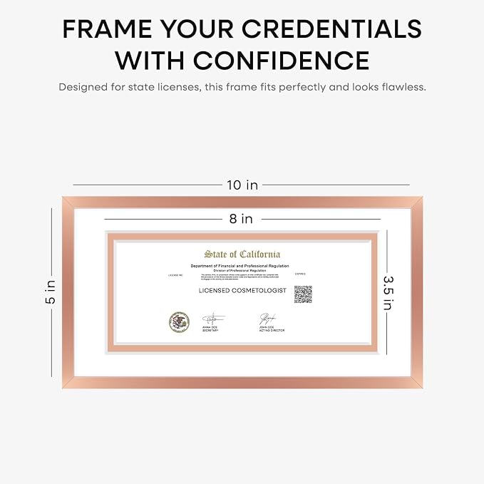 Homeforia 5x10 Rose Gold Business License Frame, High End Metal 5 x 10 Document Certificate Frame with Mat 4x9, 10x5 Cosmetology License Frames for Wall or Tabletop, Tempered Glass, Wall Kit, Set of 3