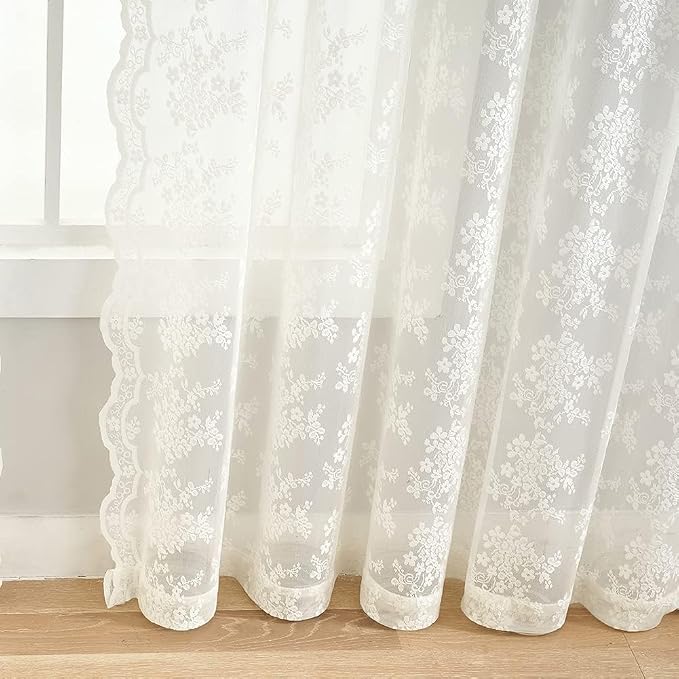 YJ YANJUN Vintage Lace Curtains Ivory Floral 105 inch Curtains 2 Panels for Living Room Rod Pocket Floor to Ceiling Drapes for Patio Sliding Glass Door Custom Scalloped Edges 52" W x 105" L Cream