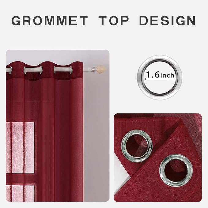 MIULEE 2 Panels Burgundy Red Semi Sheer Window Curtains Elegant Christmas Decor Grommet Top Voile Drapes Window Treatment Linen Textured Panels for Bedroom Living Room (54X96 inch Length)