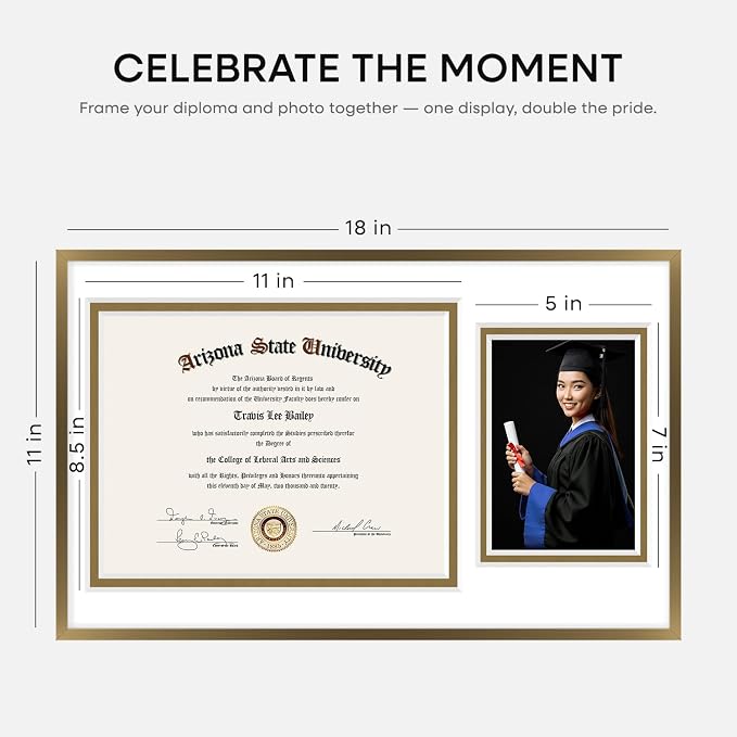 Homeforia 11x18 Bronze Diploma Frame with Photo, High End Metal 11 x 18 Certificate Frame with Mat for 8.5x11 Diploma and 5x7 Picture, 18x11 Award Graduation Frames, Tempered Glass, Wall Kit, Set of 3