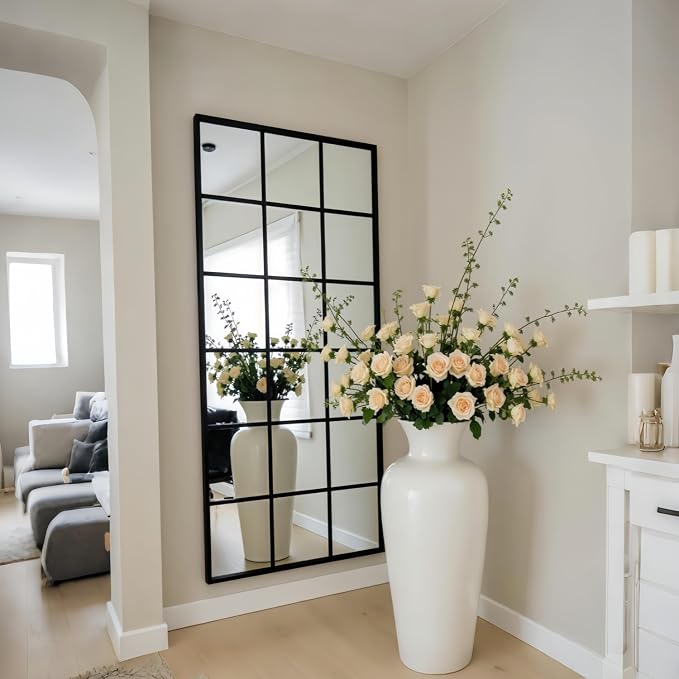 Dewfig 65"x 24" Window pane Full Length Mirror, Wall Mirror, Floor Standing Mirrors, Farmhouse Long Full Body Mirrors Wall Mounted for Living Room, Bedroom, Entryway, Fireplace, Black