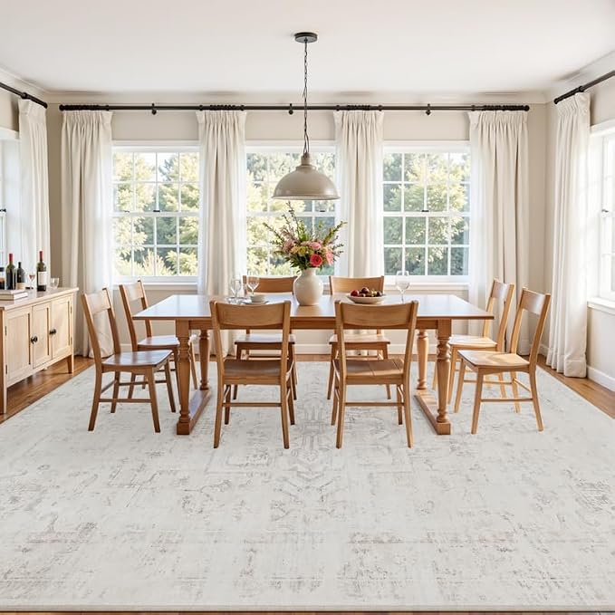 10x14 Area Rug for Living Room: Vintage Boho Neutral Washable Rug Indoor Soft Large Area Rug Carpet for Bedroom Nursery Farmhouse Dining Room Office Floor Non-Slip Low Pile Under Table Neutral Cream