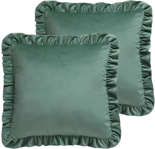ISAENNE Vintage Gray Blue Square Throw Pillow Covers 22"x22" Set of 2, Solid Color Farmhouse Velvet Decoration Pillow Cover with Ruffles,Throw Pillow Case for Couch Sofa Bed Living Room Car