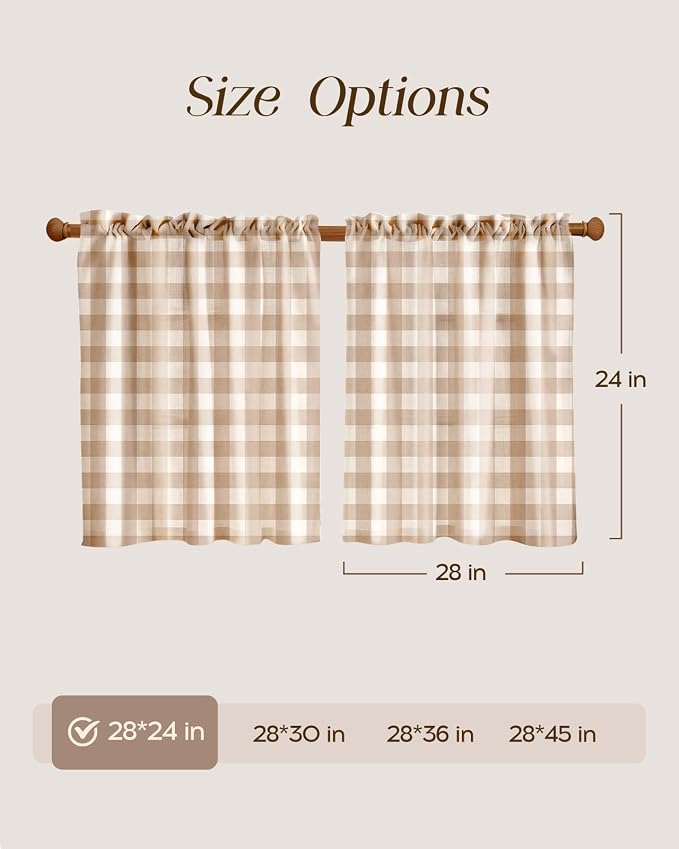 Miss Adola Farmhouse Kitchen Tier Curtains - 24 Inch Length Linen Blend Cafe Curtains Plaid Small Window Treatments Over Sink Rod Pocket for Bathroom Living Room Light Filtering, 2 Panels
