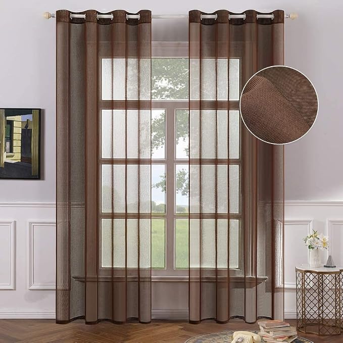 MIULEE 2 Panels Chocolate Brown Sheer Window Curtains Elegant Grommet Top Window Voile Drapes/Treatment Linen Textured Panels for Bedroom Living Room (54X84 Inches Dark Brown)