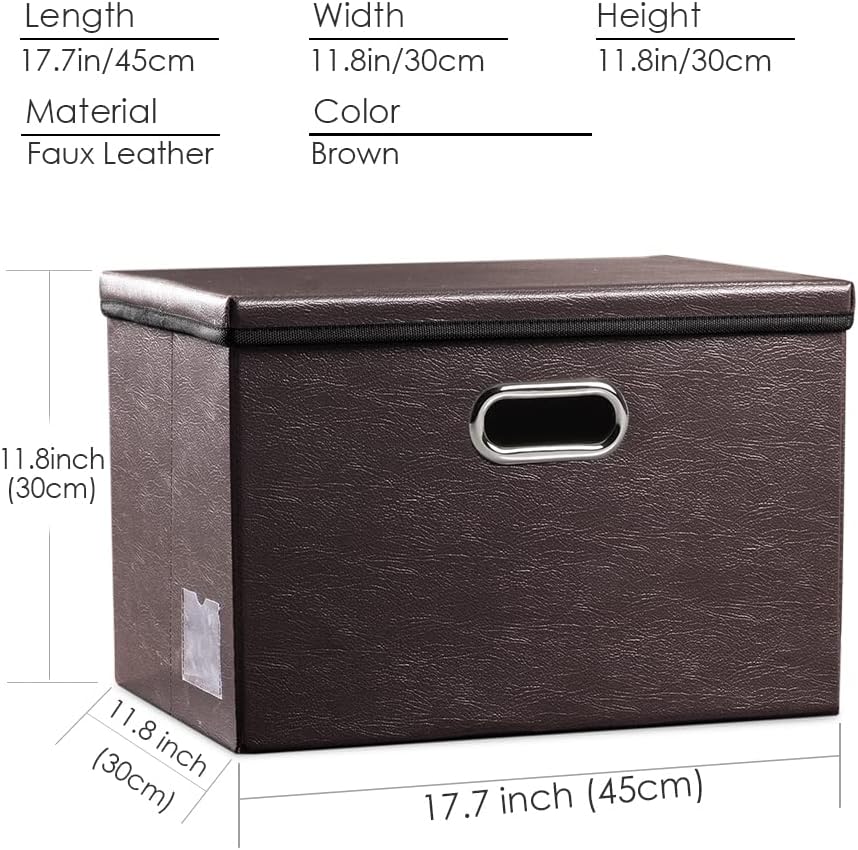 PRANDOM Large Collapsible Storage Bin with Lid [1-Pack] Leather Fabric Foldable Storage Box Organizer Containes Basket Cube with Cover for Home Bedroom Closet Office Nursery Brown (17.7x11.8x11.8)