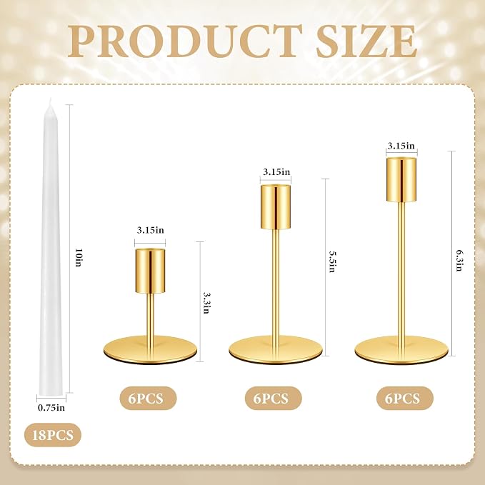 18 Set Candle Holders Bulk with 10'' Dripless Taper Candles 3.3'' 5.5'' 6.3'' Metal Candlestick Holders Vintage Modern Decorative Table Centerpiece for Wedding Birthday Home Decor (Gold)