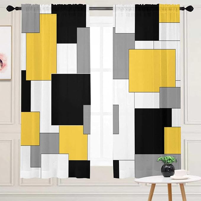 Yellow and Black Geometry Curtains Length Room Modern 42W x 63L Inch Grey Abstract Rod Pocket Curtain for Bedroom Kitchen Living Room Window Drapes 2 Panels