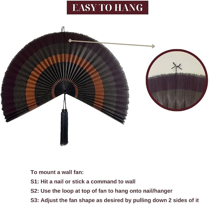 ChumDecor Fan Wall Decor,Japanese Wall Fan Decor,Large Bamboo Fan Wall Art for Boho Hanging Headboard,Decorative Folding Fan for Over Bed Decorations,Large Wall Dcor (Ebony, 60inch)
