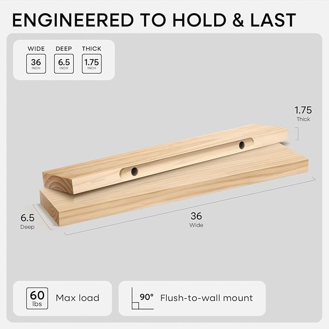 Homeforia 36 inch Natural Floating Shelf, High End Solid Real Wood 36inch Small Floating Shelves for Wall Mounted, Natural Wooden Floating Shelves, Heavy Duty Bracket, 36 X 6.5 X 1.75 in, Set of 4