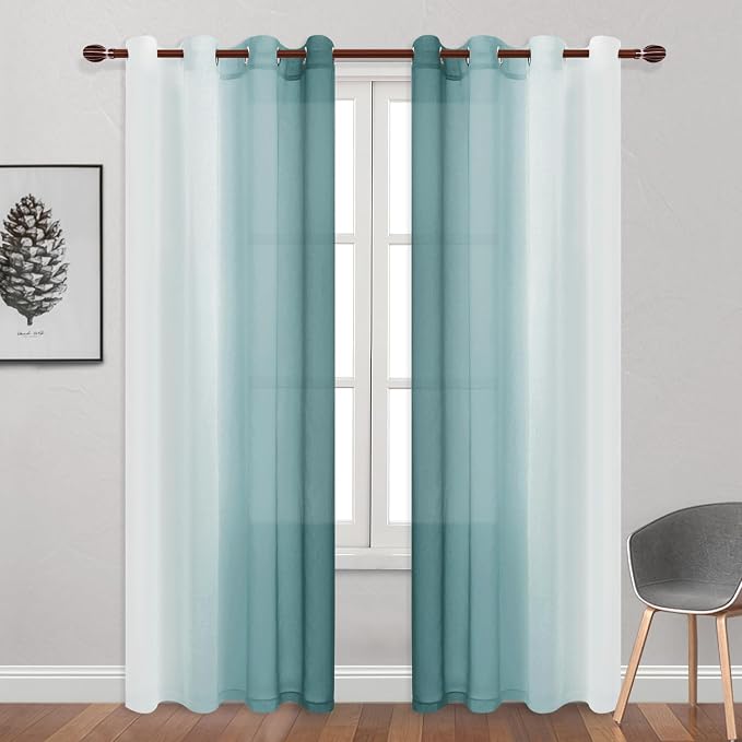 DWCN Faux Linen Ombre Sheer Curtains - 96 inches Long Gradient Semi Voile Curtains for Bedroom and Living Room and Hotel, Set of 2 Grommet Top Window Curtain Panels, 52 x 96 Inches Long, Peacock Blue