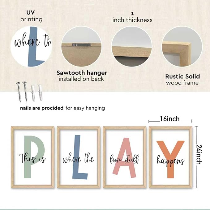 This Is Where Fun Stuff Happens Kids Playroom Wall Decor PLAY Quote Art | Motivational Prints for Nursery, Natural Wood Frame, Set of 4, 16x24 Inches , Let's Play Sign for Toddler Boys, Ready to Hang